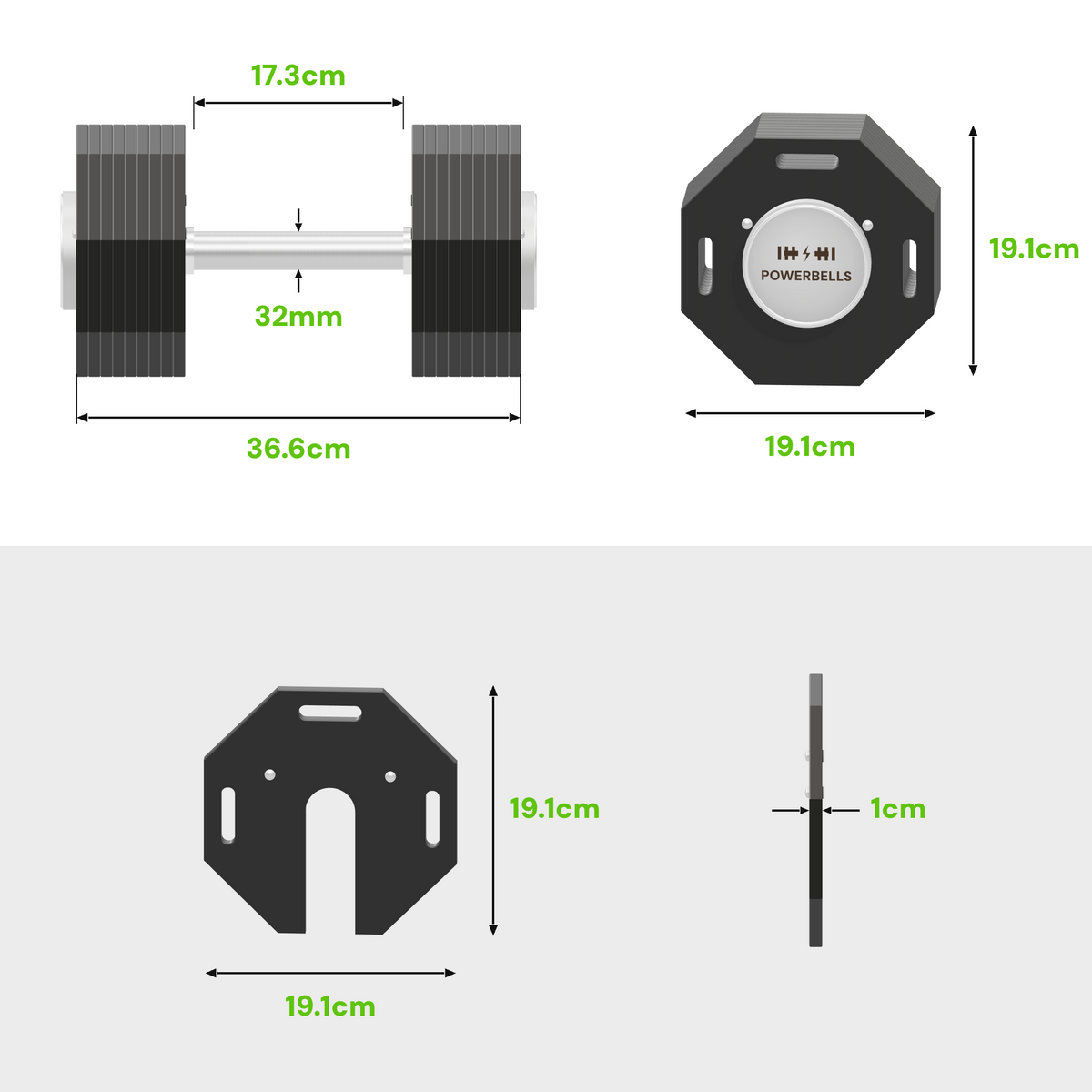 PowerBells 45 Forge Gen 2 – dimensions: 36 Forge base 36.6cm long, 17.3cm handle, 32mm grip, 19.1cm octagonal plates