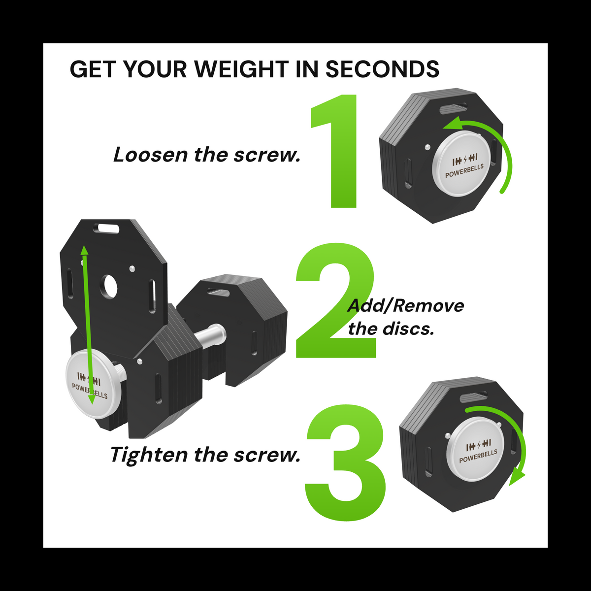 PowerBells 45 Forge Gen 2 – change weight in seconds: loosen, add or remove plates, tighten