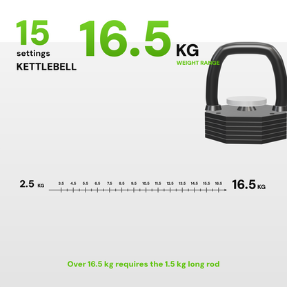 PowerBells Forge kettle handle – 15 settings, 2.5 to 16.5kg with the 1kg short rod