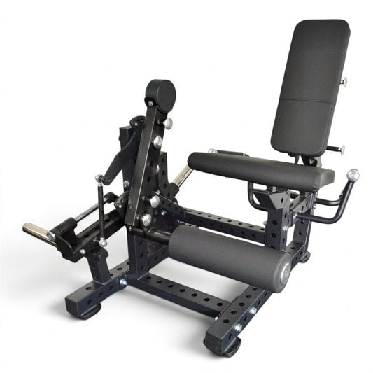 PowerBells plate loaded leg extension and leg curl machine
